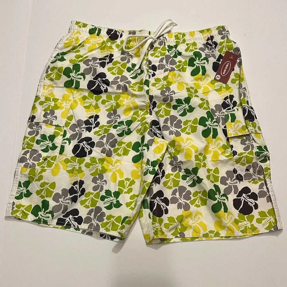 Chalaco Hibiscus Floral Swim Trunks Green Yellow and White | Men Size Large
